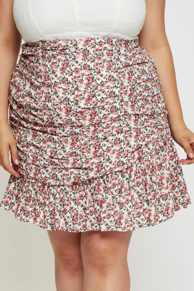 Crisscross Details Sophisticated Casual Floral Print Mini Skirt Ruffle Hem