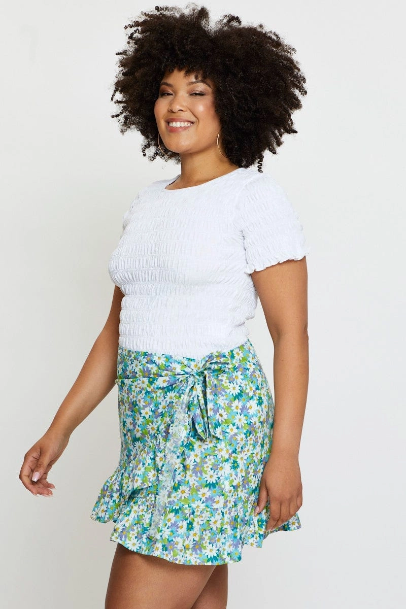 Floral Print Mini Wrap Skirt Ruffle Hem Travel Vibes