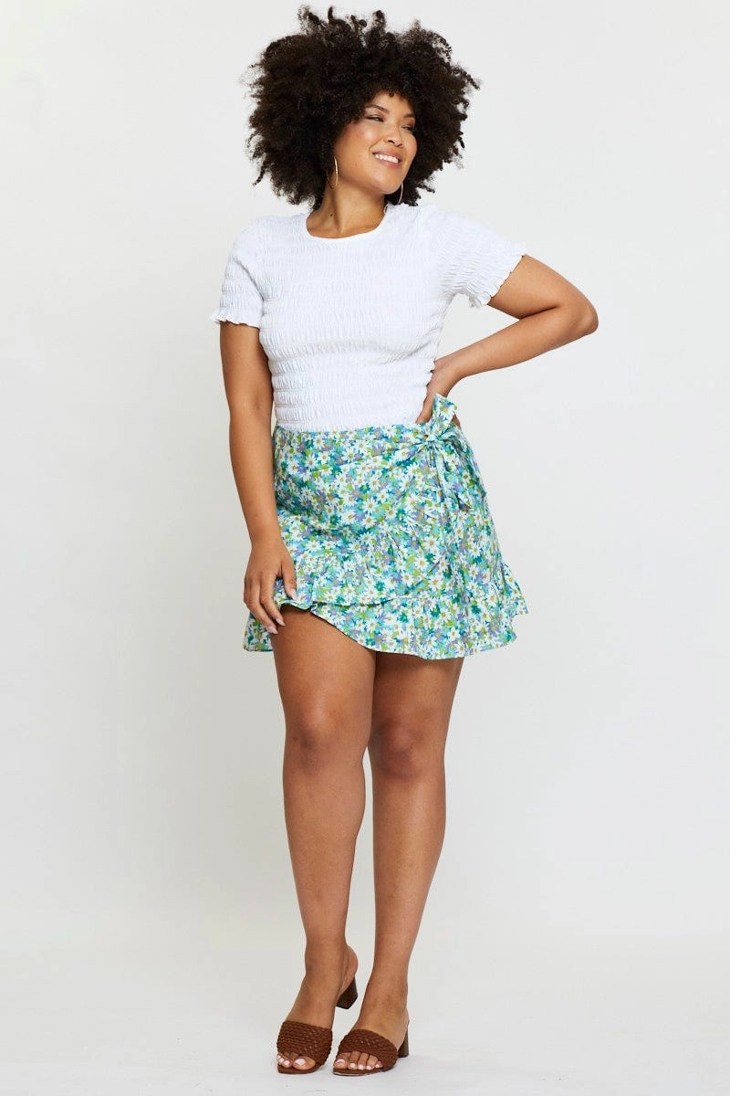 Curvy Fit Light Moodboard Floral Print Mini Wrap Skirt Ruffle Hem