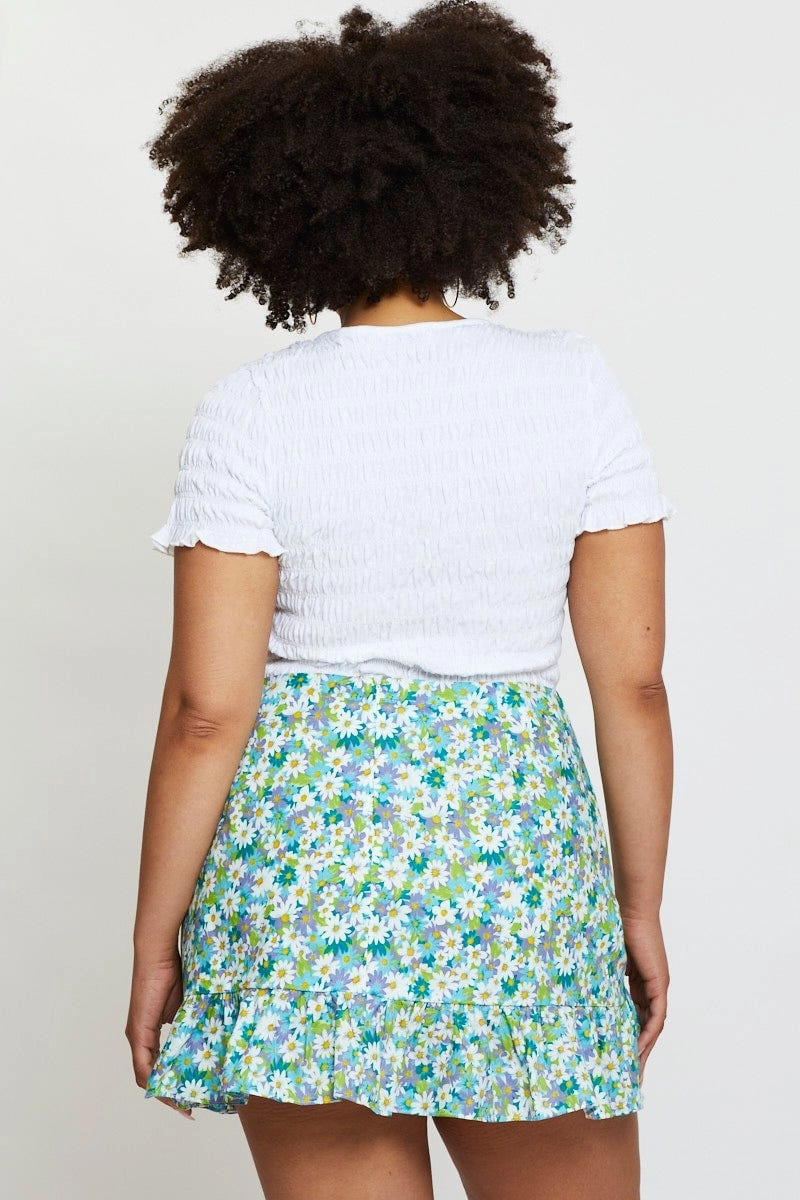 Floral Print Mini Wrap Skirt Ruffle Hem Comfy Wear Fade Resistant Cloth