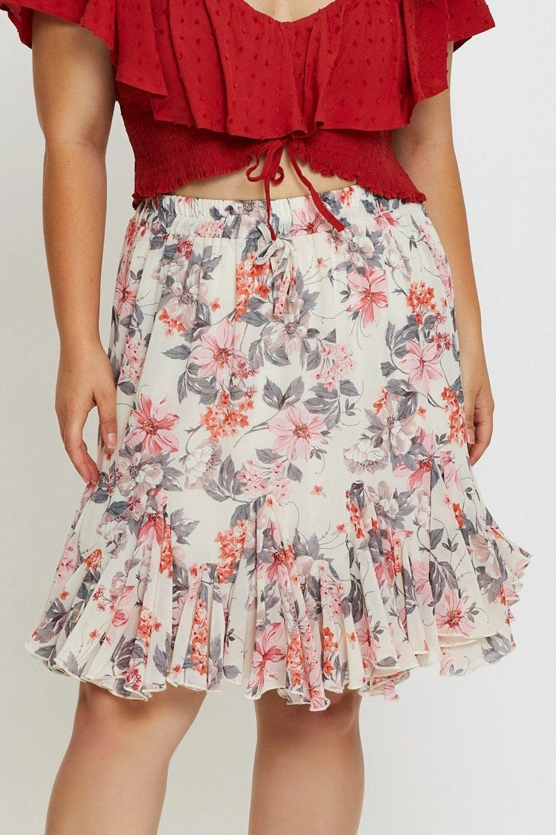 Floral Print Mini Wrap Skirt Ruffle Hem Textured Surface
