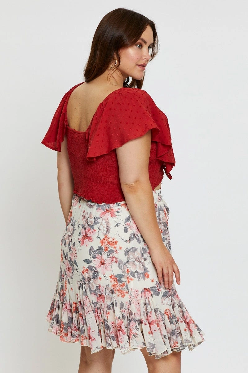 Floral Print Mini Wrap Skirt Ruffle Hem Modern Design Cozy Finish