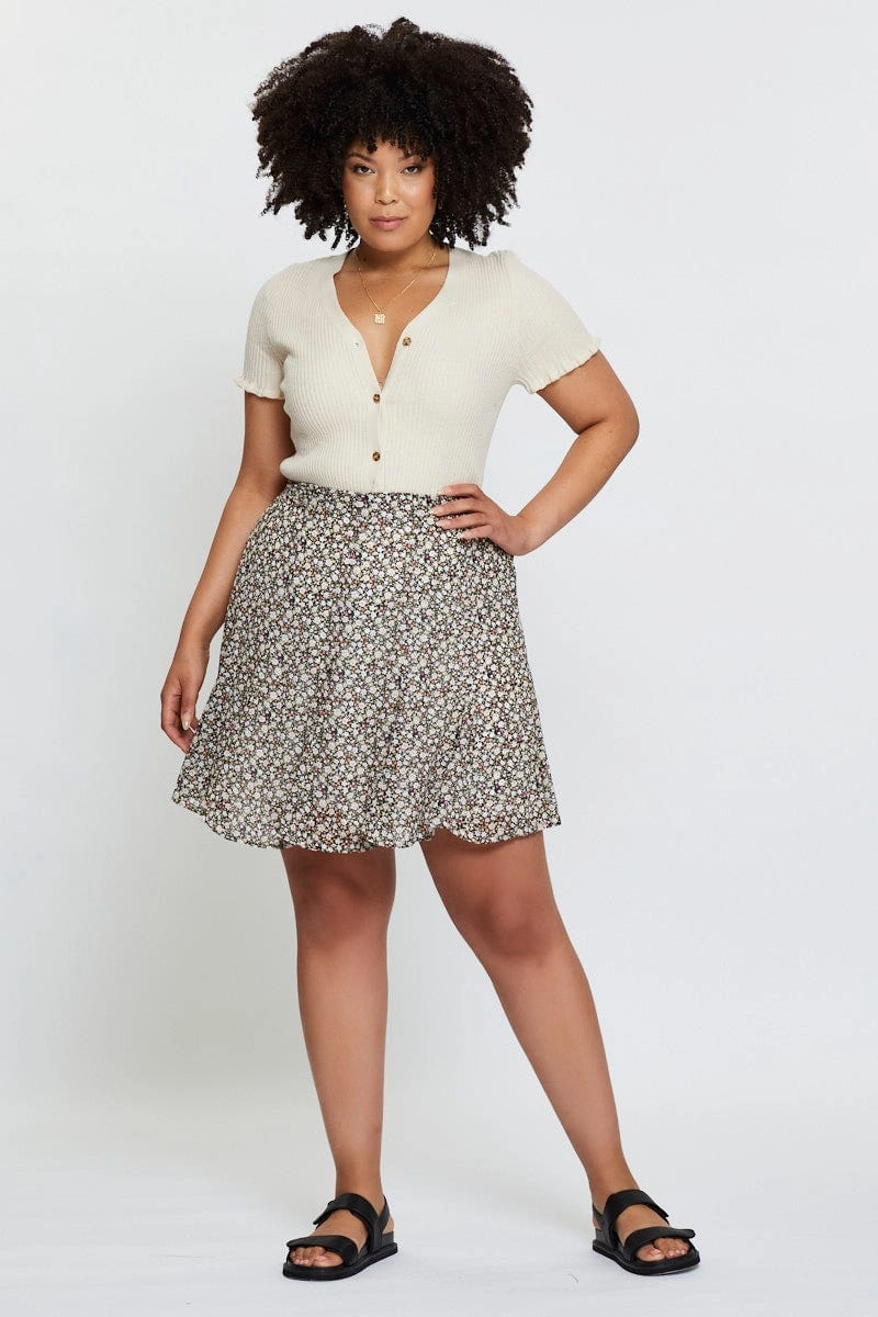 Floral Print Mini Wrap Skirt Ruffle Hem Seamless Finish