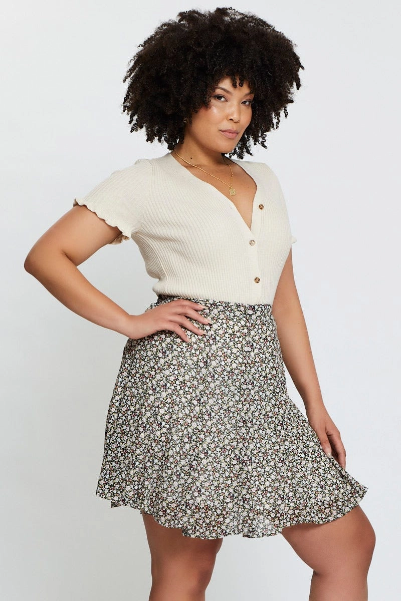 Matching Belt Breathable Lining Floral Print Mini Wrap Skirt Ruffle Hem