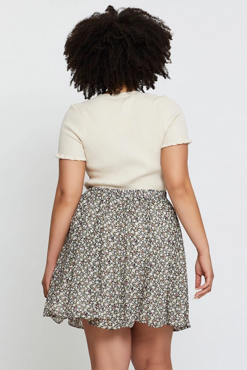 Knee Length Push Button Closure Floral Print Mini Wrap Skirt Ruffle Hem