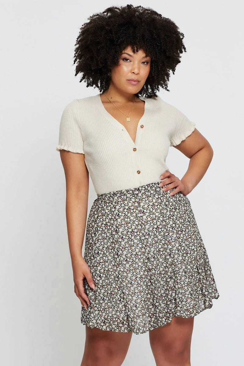 Floral Print Mini Wrap Skirt Ruffle Hem Simple Comfort Dust Proof Fabric