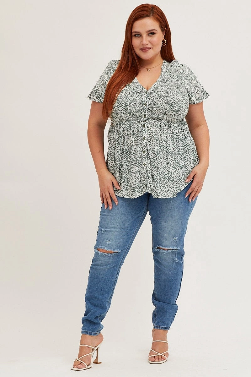 Relaxed Comfort Floral Print Short Sleeve Shirred Shirts