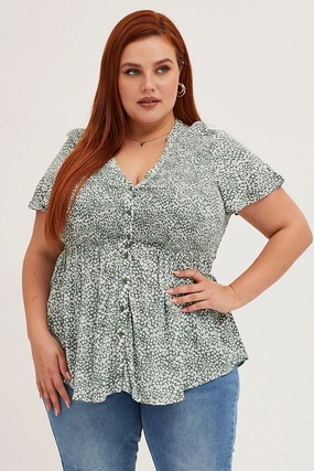 Floral Print Short Sleeve Shirred Shirts Hypoallergenic Lining Chill Fit