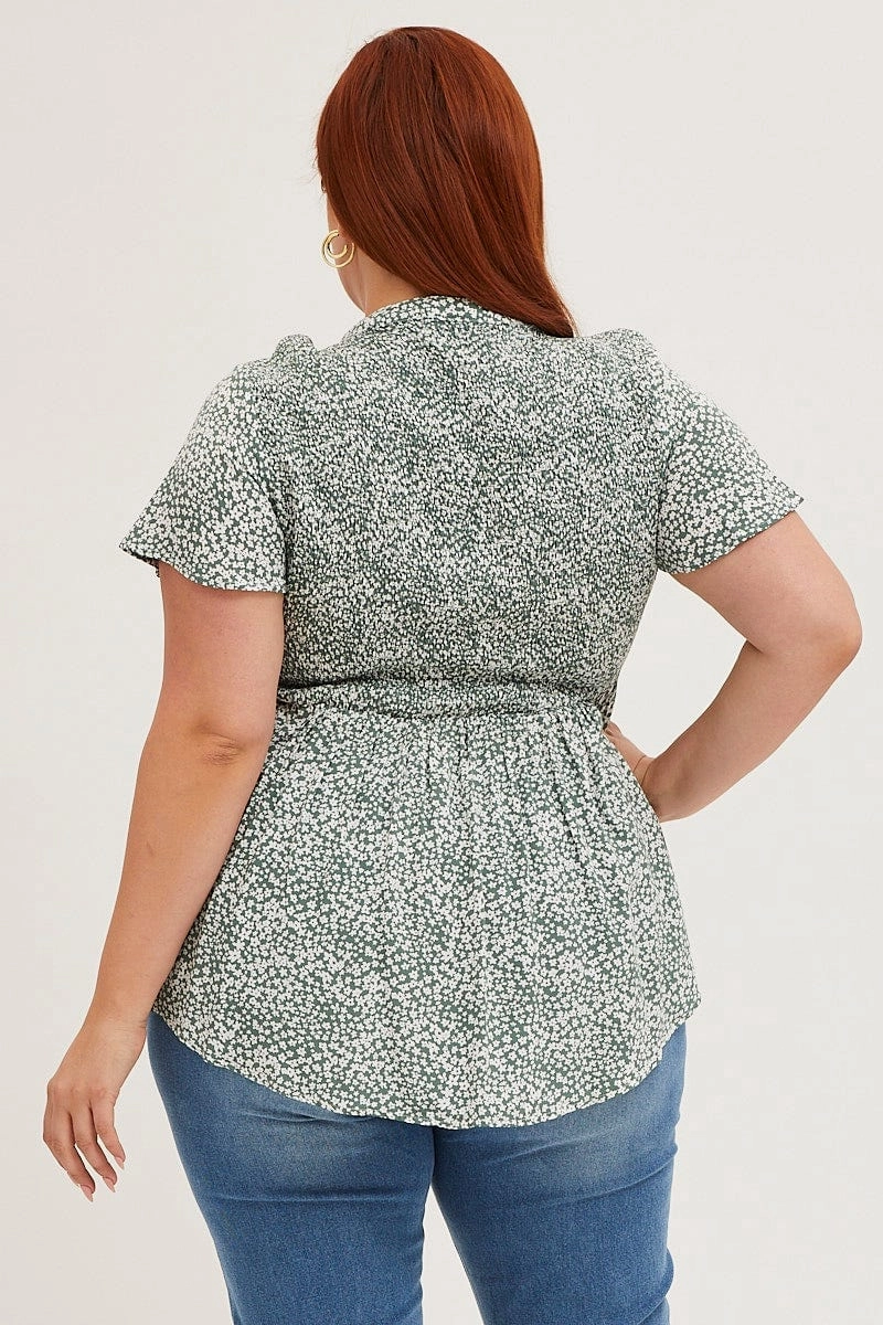 Geometric Design Floral Print Short Sleeve Shirred Shirts