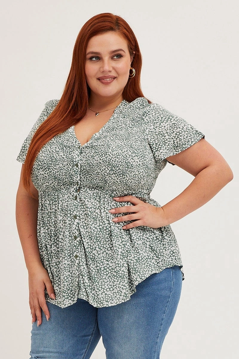 Sleeveless Cut Street Chic Floral Print Short Sleeve Shirred Shirts
