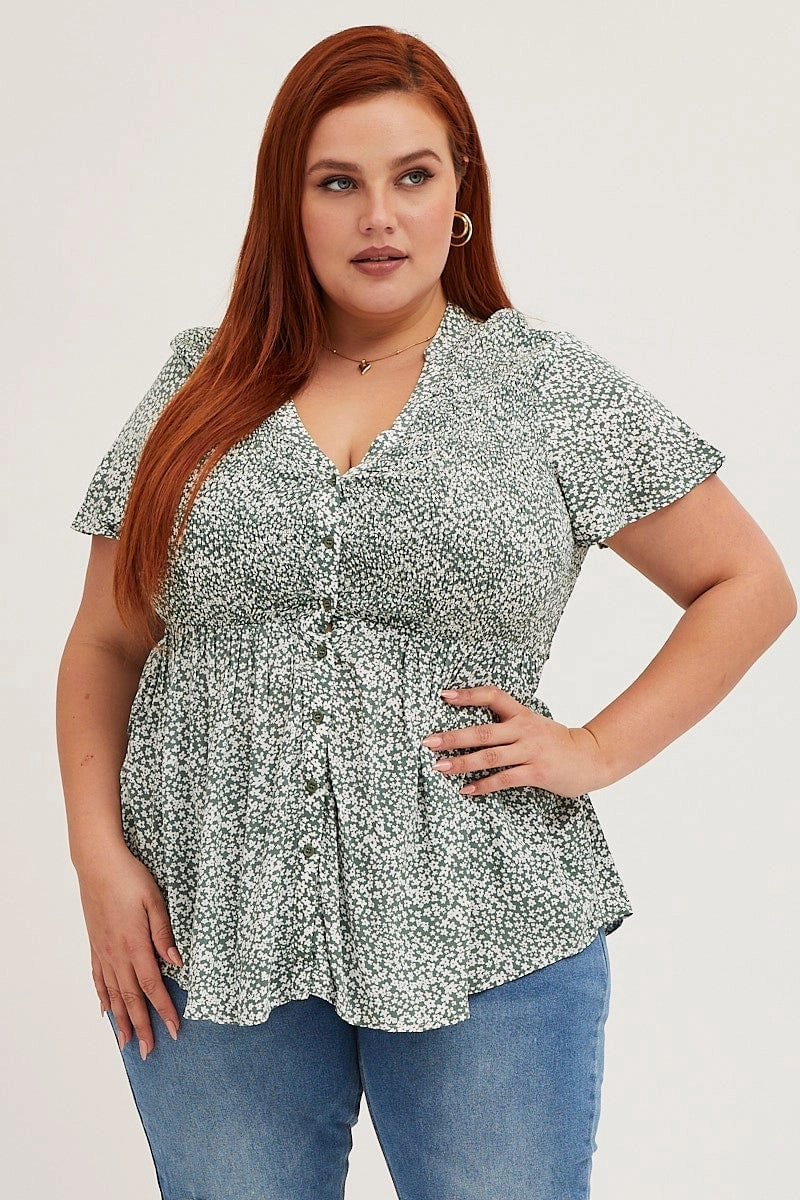 Floral Print Short Sleeve Shirred Shirts Hypoallergenic Lining Chill Fit