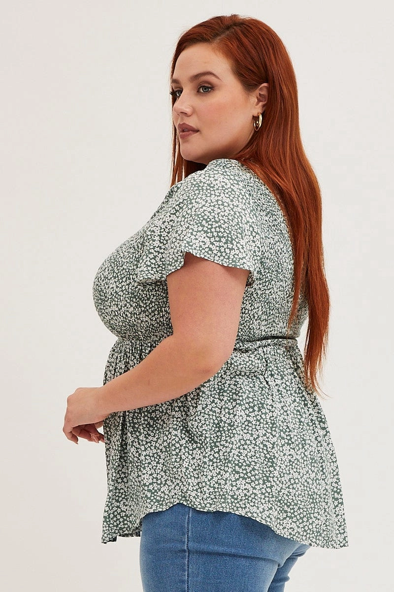 Youthful Style Floral Print Short Sleeve Shirred Shirts