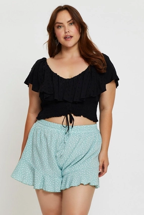 Floral Print Shorts High Rise Elastic Waist Frill Hem Easy Layering Comfortable Waistband