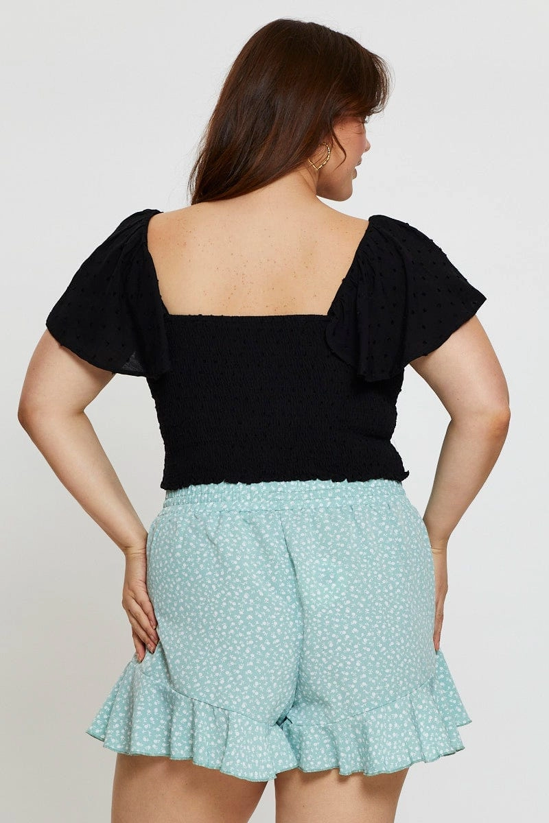 Floral Print Shorts High Rise Elastic Waist Frill Hem Pilates wear