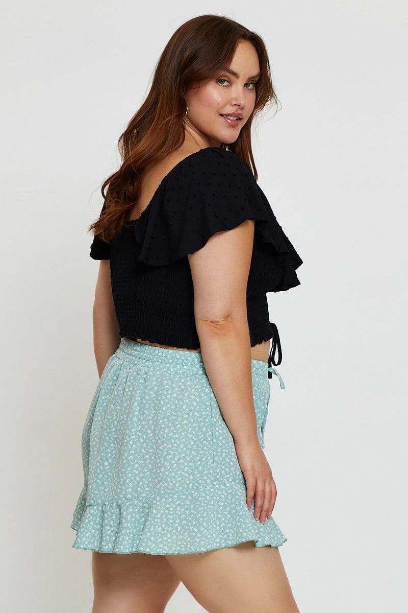 Mood Casual Floral Print Shorts High Rise Elastic Waist Frill Hem