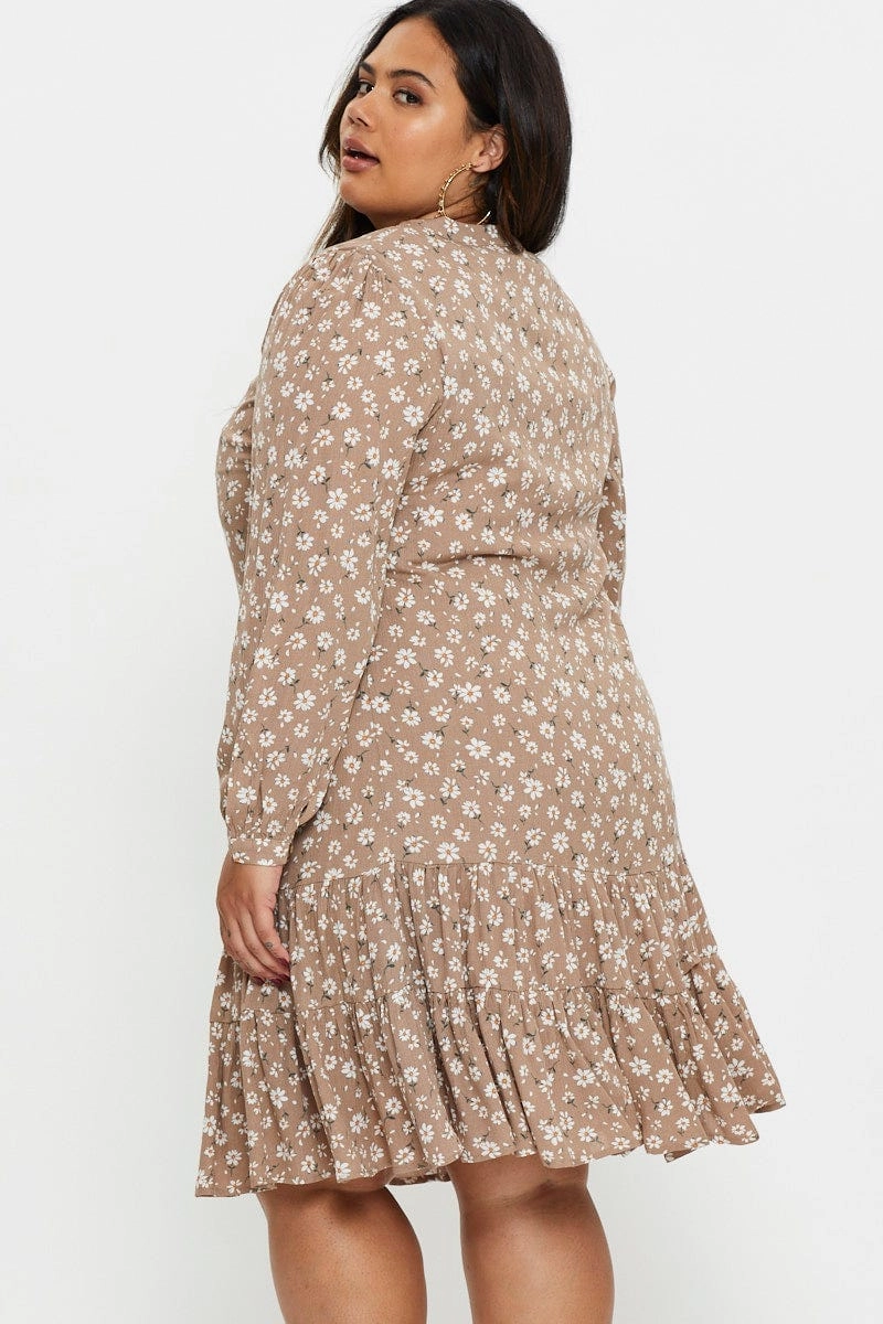Clean Texture Luxe Fit Floral Print Skater Dress Long Sleeve Ruffle Hem
