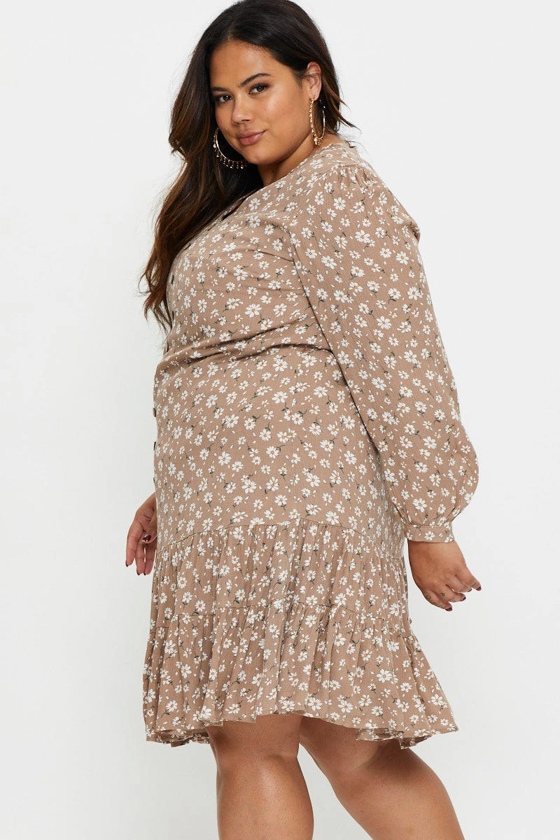 New Mood NonSlipClosure Floral Print Skater Dress Long Sleeve Ruffle Hem