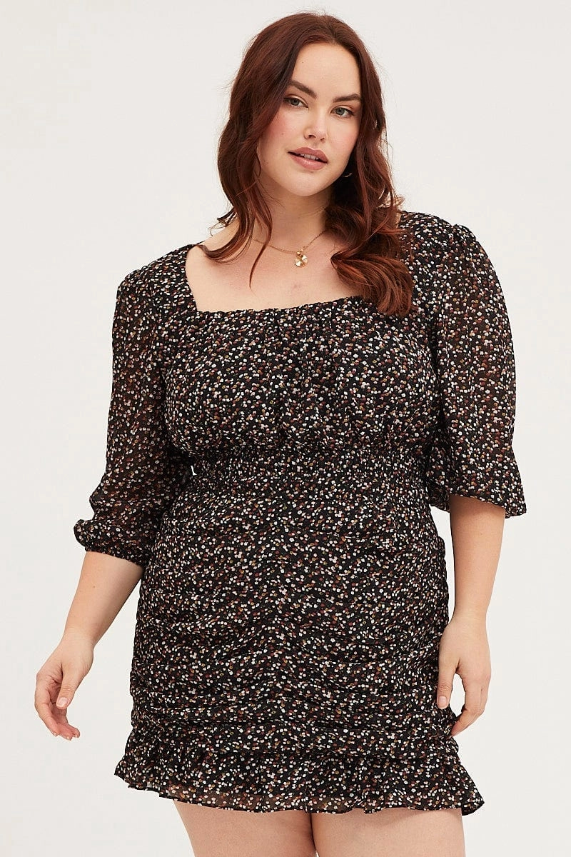 Floral Print Skater Dress Square Neck Long Sleeve Soft Volume