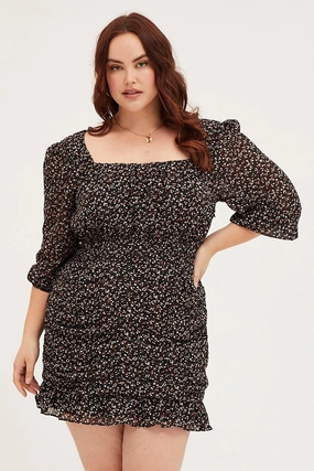 Floral Print Skater Dress Square Neck Long Sleeve Gentle Fit Warm Undertone