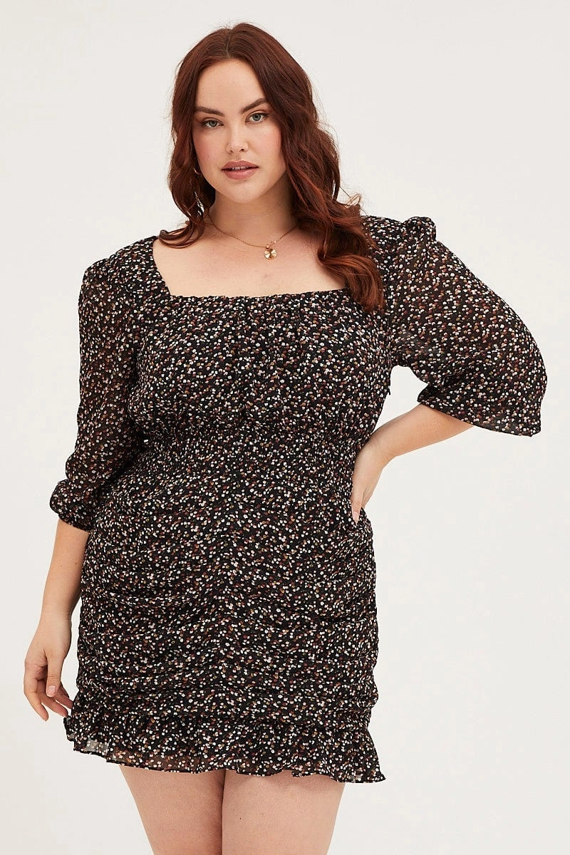 Floral Print Skater Dress Square Neck Long Sleeve Gentle Fit Warm Undertone