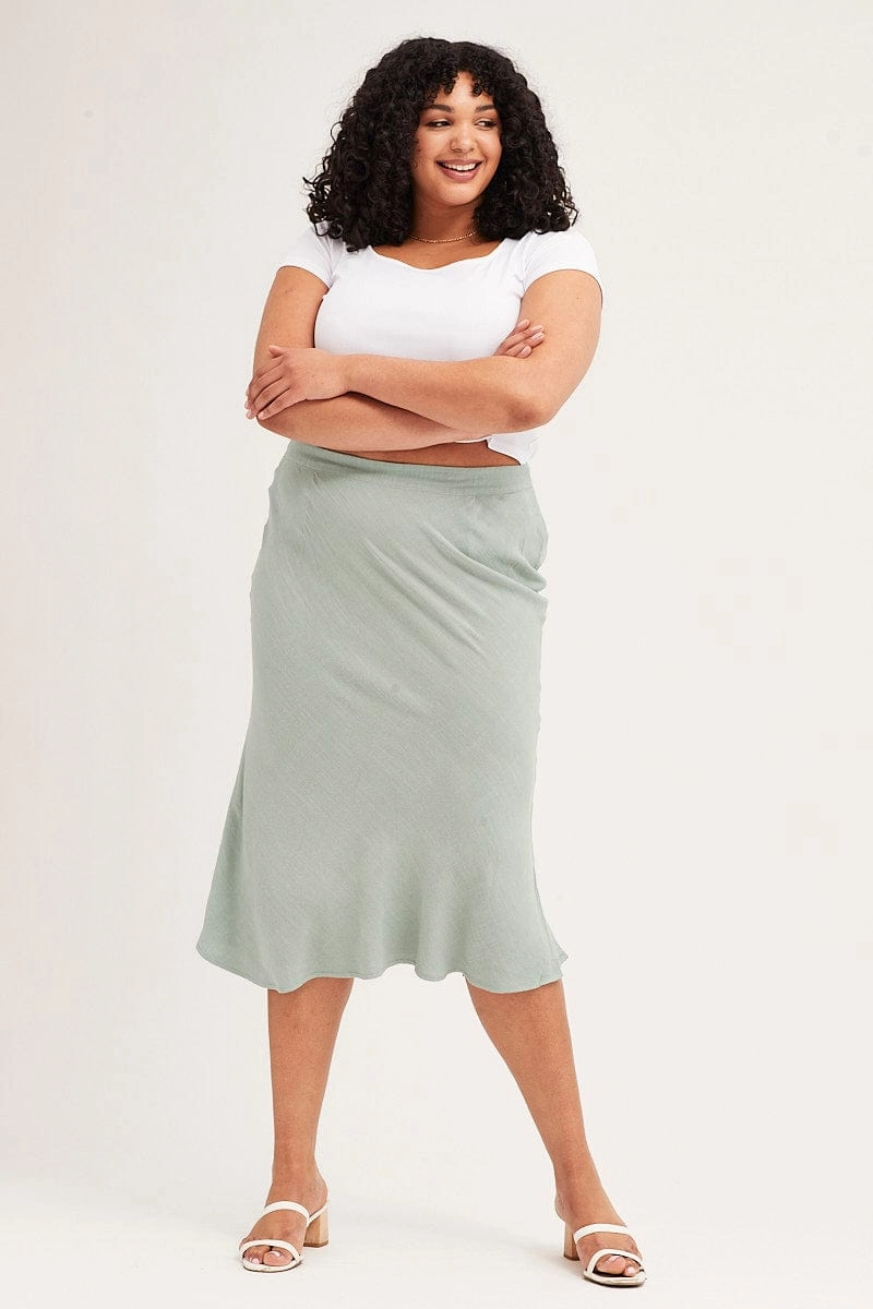 Green Elastic Waist Bias Linen Blend Skirt Autumn Stroll