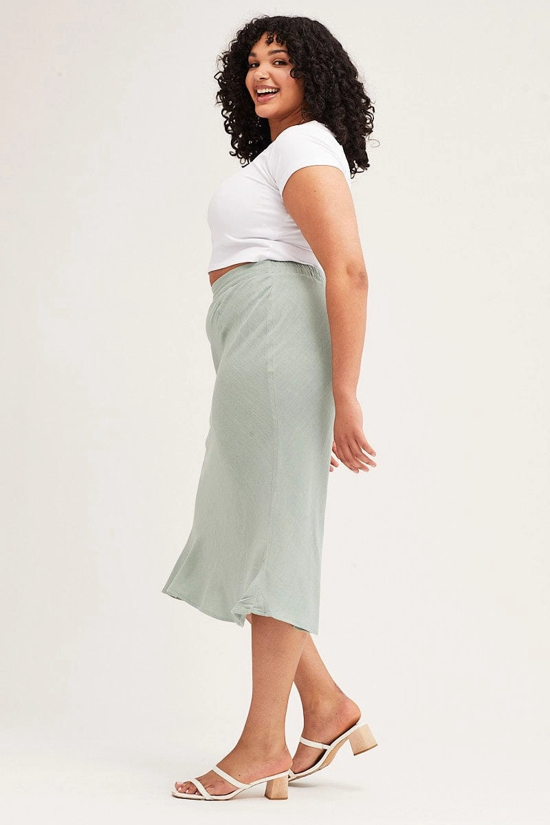 Dust Proof Fabric Green Elastic Waist Bias Linen Blend Skirt