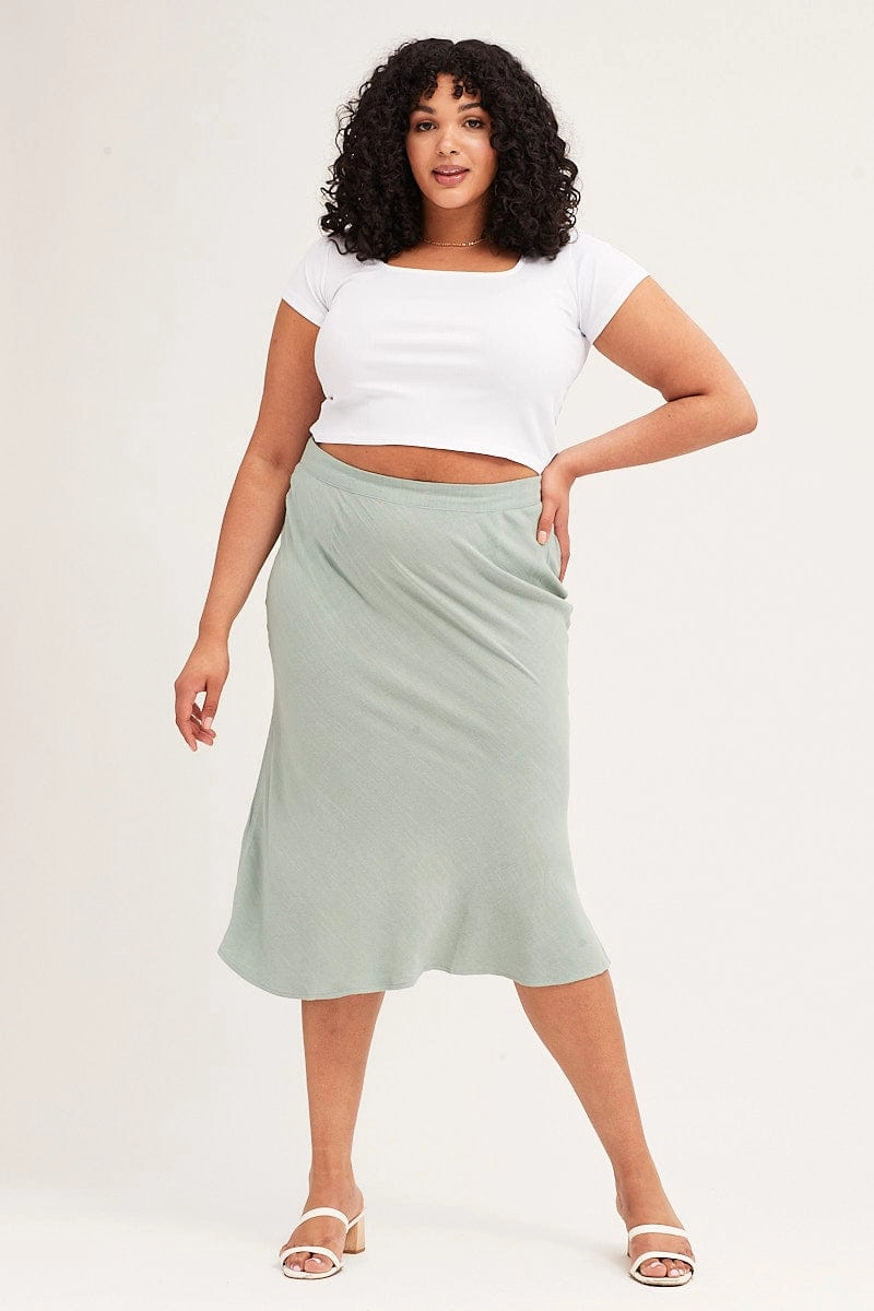 Material Innovation Wardrobe Classic Green Elastic Waist Bias Linen Blend Skirt