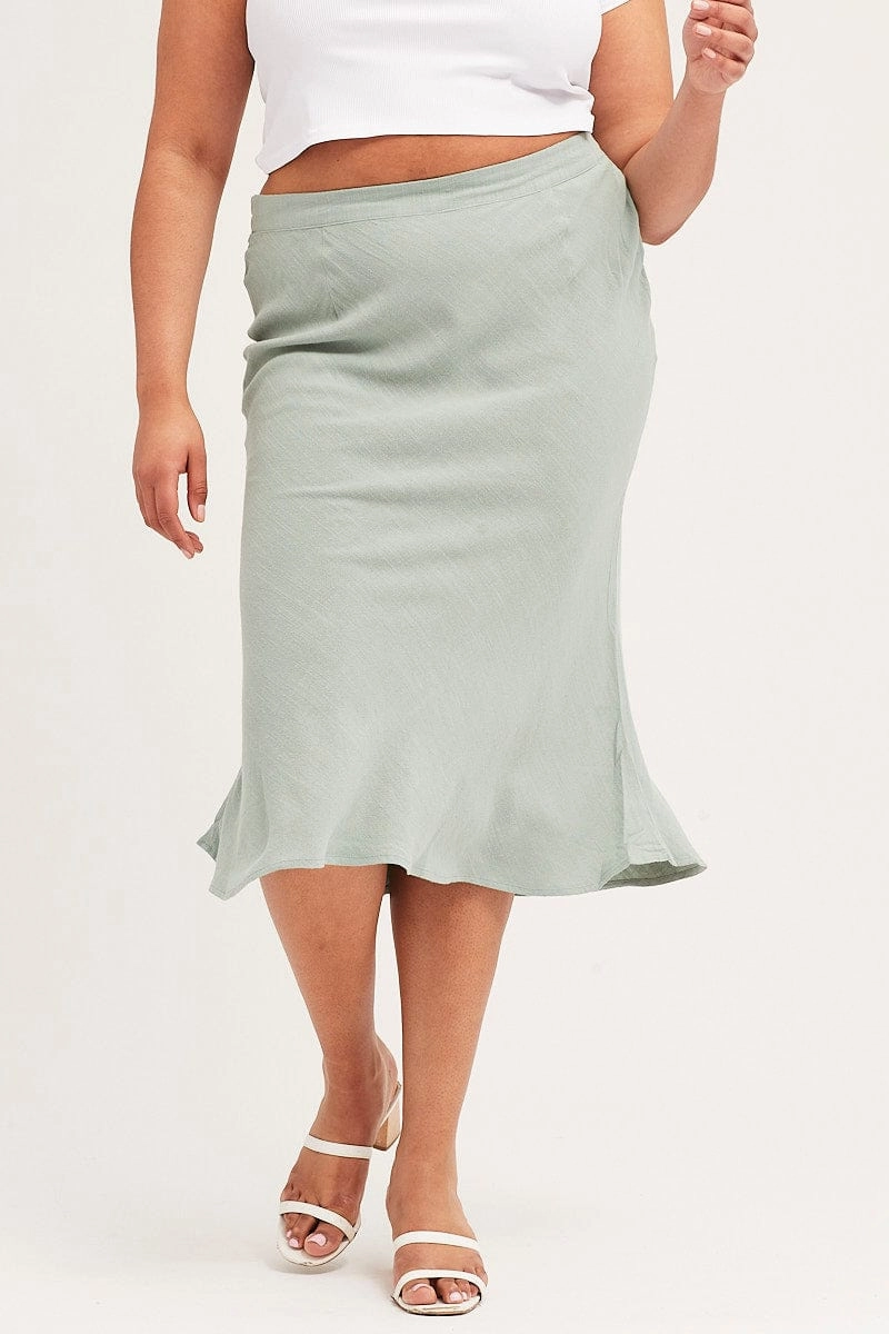 Green Elastic Waist Bias Linen Blend Skirt Soft Styling