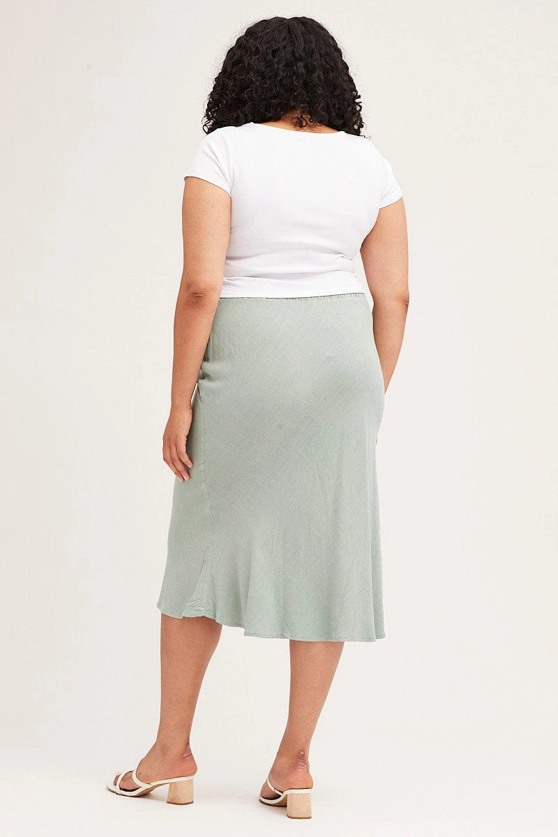 Neutral Wear Green Elastic Waist Bias Linen Blend Skirt