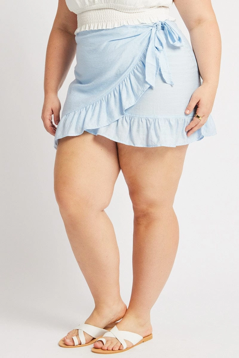 Soft Texture Light Motion Blue Frill Hem Wrap Mini Skirt