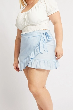 Twist Knot Details Laidback Feel Blue Frill Hem Wrap Mini Skirt