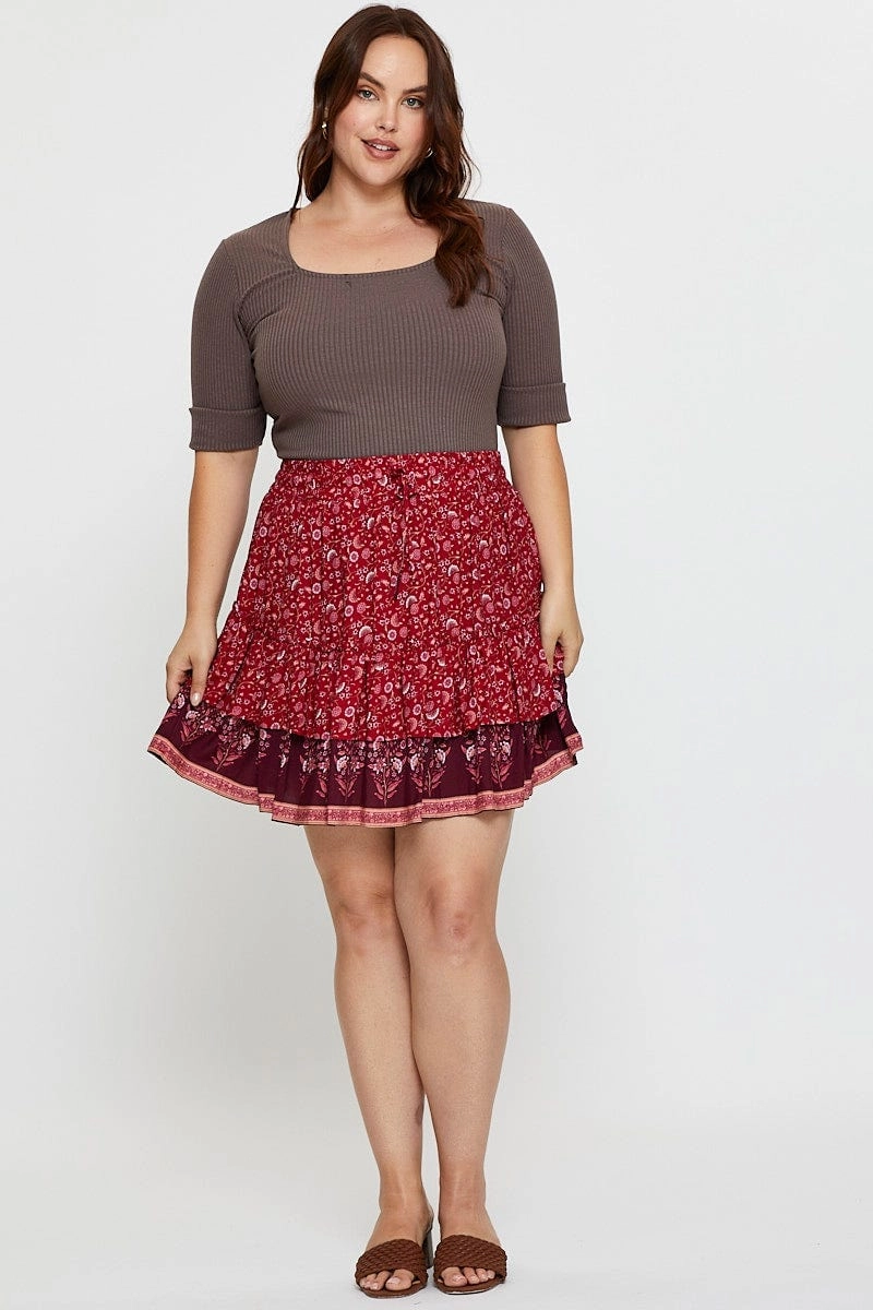 Boho Print Mini Skater Skirt Elastic Waist Clean Lines Roll Up Fasten