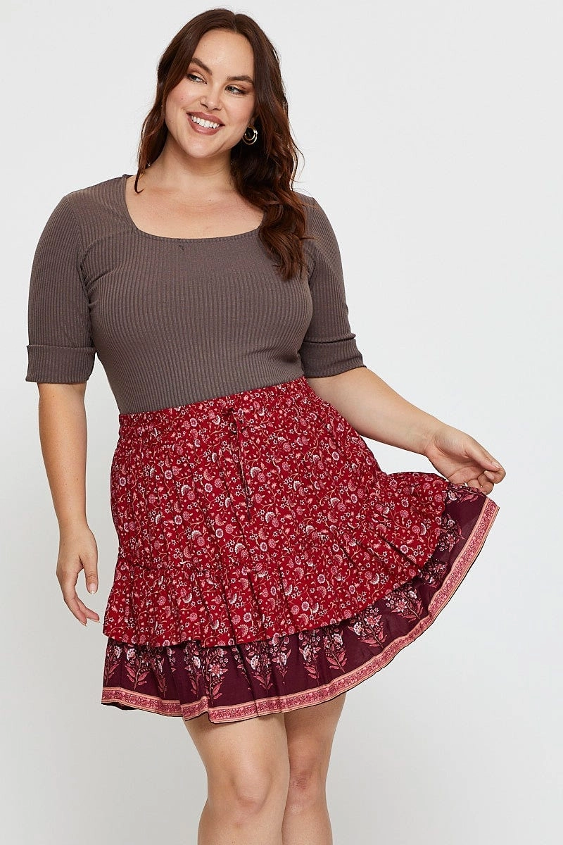 Boho Print Mini Skater Skirt Elastic Waist Fresh Energy