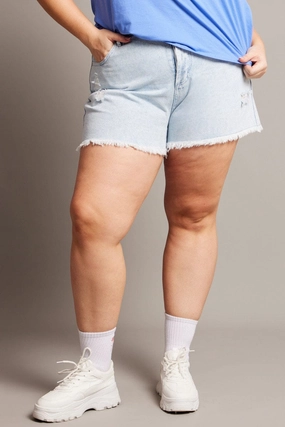 Denim Relaxed Shorts High Rise Distressed Hem Tear Resistant Fabric Laser Cut Edges
