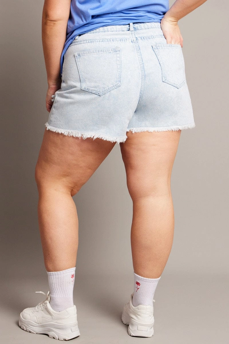 Denim Relaxed Shorts High Rise Distressed Hem Quick Release Fastener