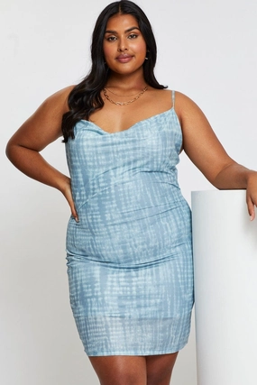 Blue Abstract Print Bodycon Dress Scoop Neck Sleeveless Mini Neat Finish