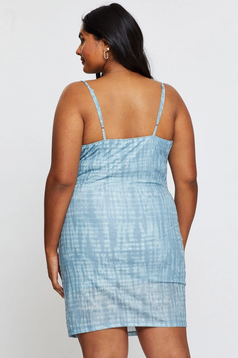 Blue Abstract Print Bodycon Dress Scoop Neck Sleeveless Mini Elegant Waist Fit Earth Colors