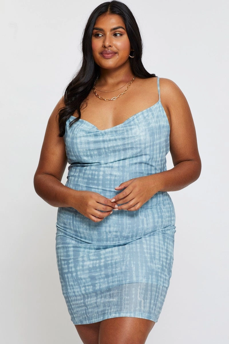 Tiered-Skirt Blue Abstract Print Bodycon Dress Scoop Neck Sleeveless Mini