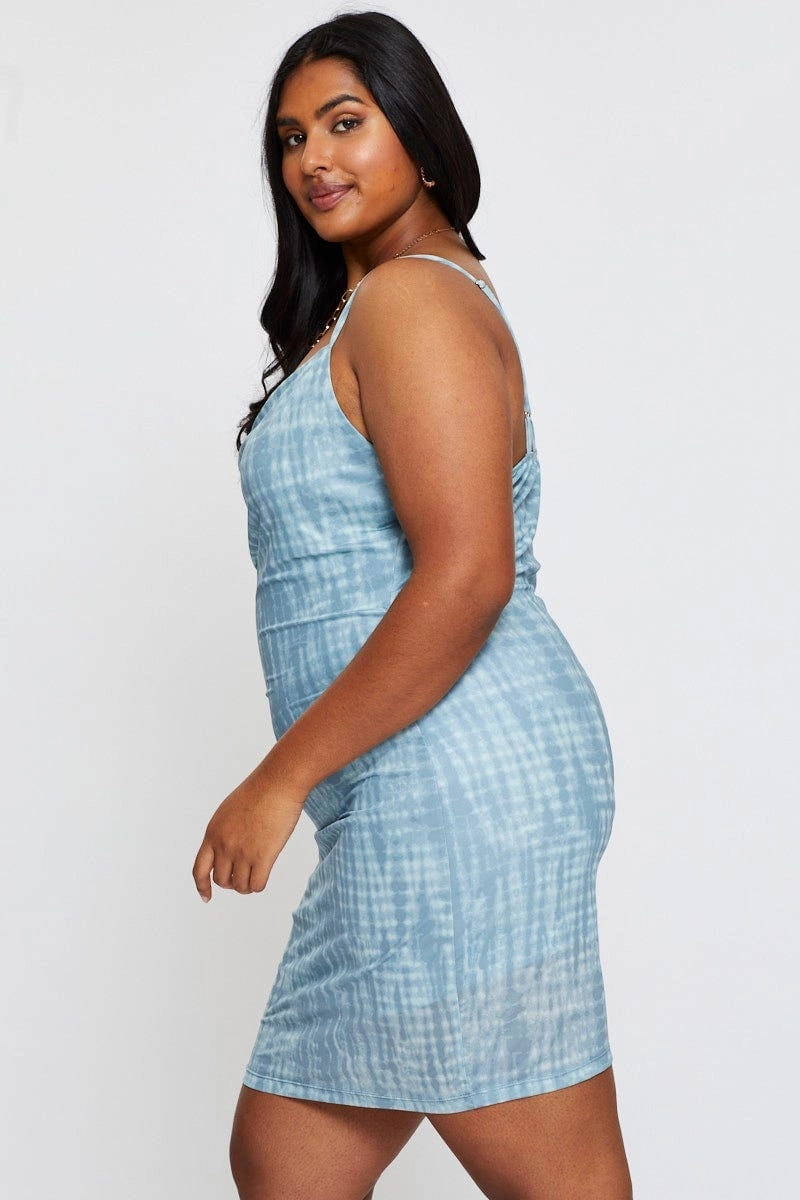 Blue Abstract Print Bodycon Dress Scoop Neck Sleeveless Mini Button-front