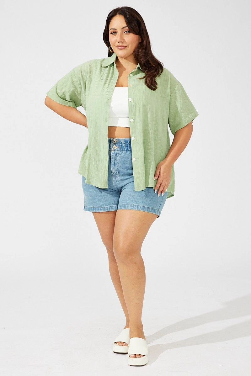 Green Relaxed Shirt Short Sleeve Textured Ventilated Back Seamless Shoulder