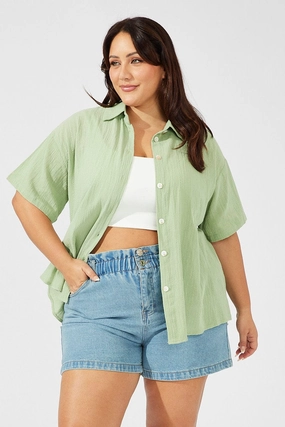 Cuffed hem Green Relaxed Shirt Short Sleeve Textured