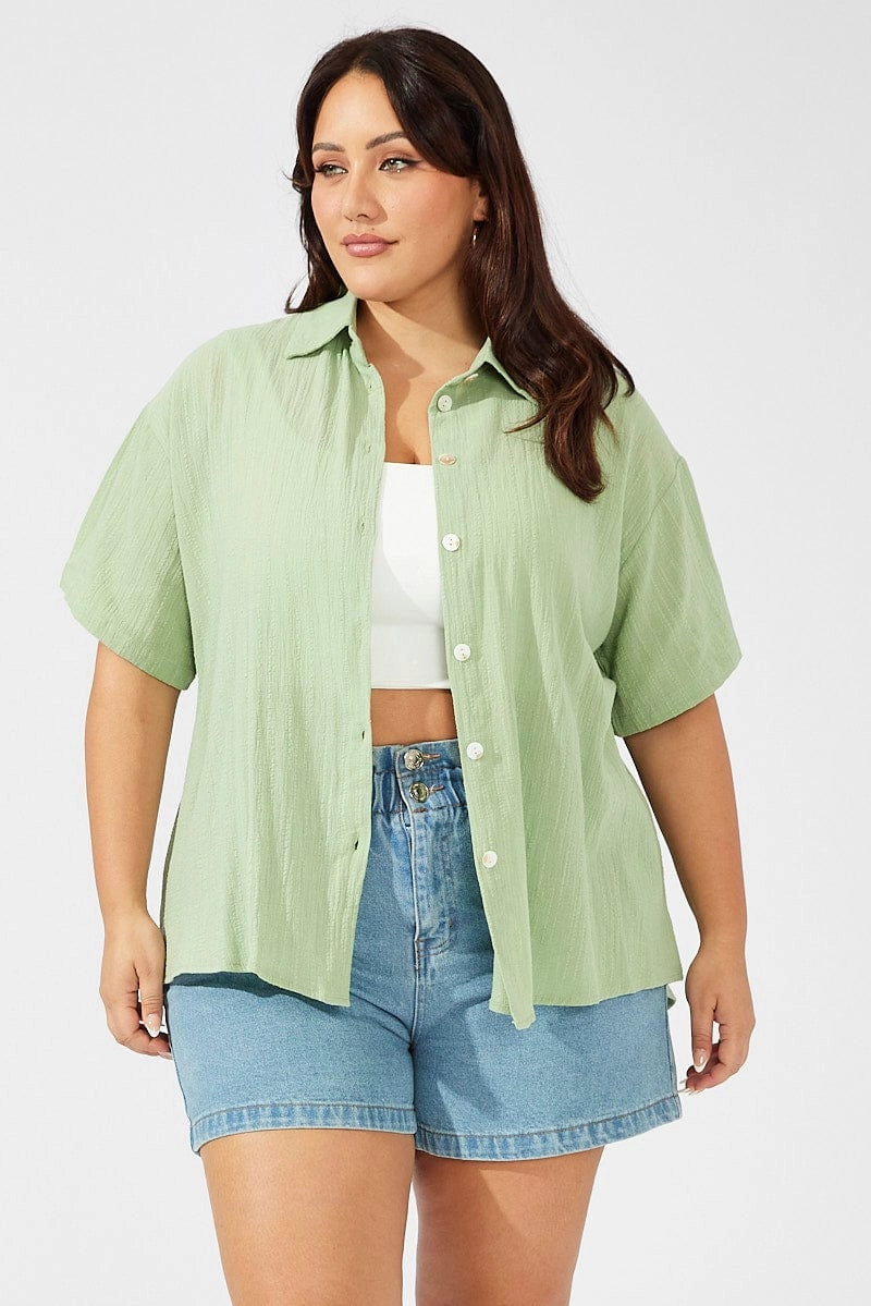 Green Relaxed Shirt Short Sleeve Textured Sleepwear