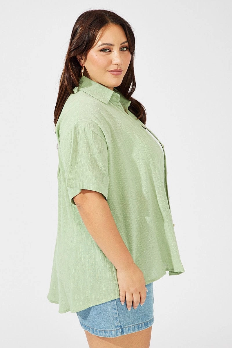 Casual Layer Lightweight Feel Green Relaxed Shirt Short Sleeve Textured