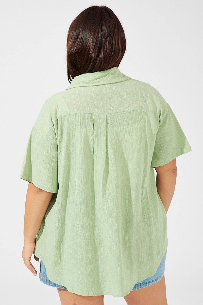 Green Relaxed Shirt Short Sleeve Textured High Neck Premium Pima Cotton