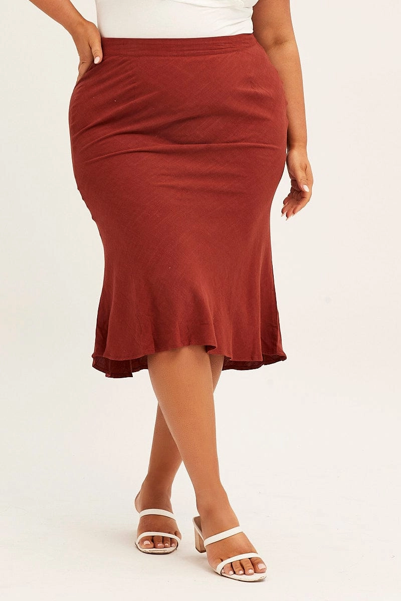 Refined Style Mood Outfit Orange Elastic Waist Bias Terracotta Linen Blend Skirt