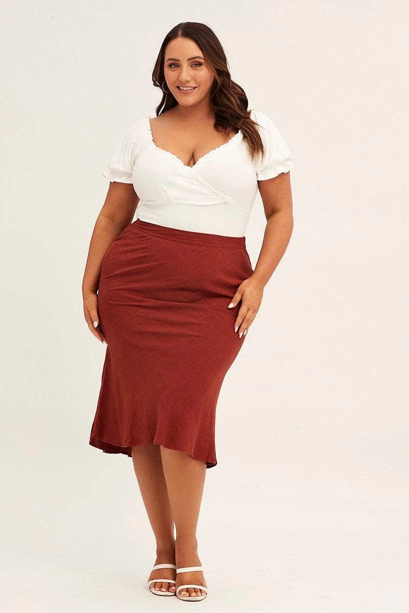 Minimalist fashion Daily Favorite Orange Elastic Waist Bias Terracotta Linen Blend Skirt