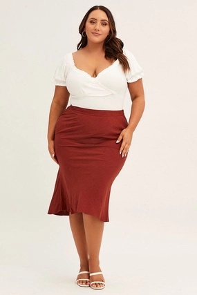 Orange Elastic Waist Bias Terracotta Linen Blend Skirt Elasticized Cuff
