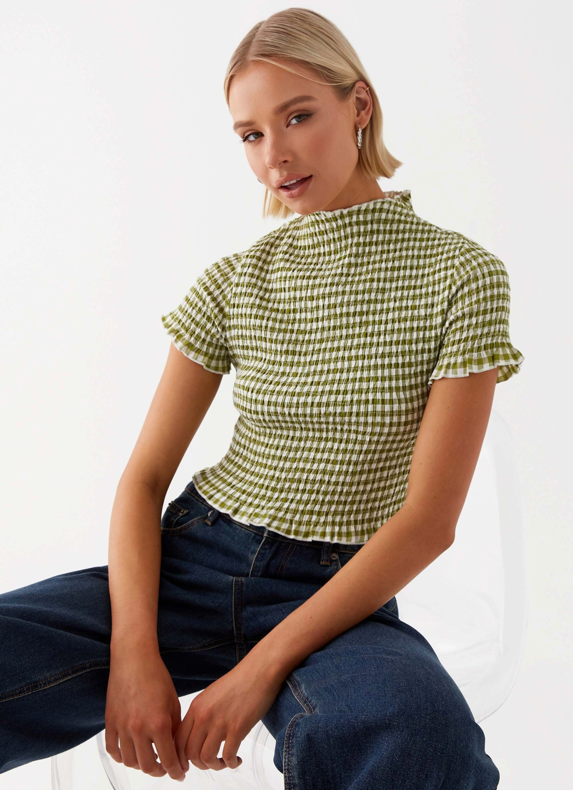 Cozy Comfort Fit Plus size confidence Cleo Tee - Khaki Gingham