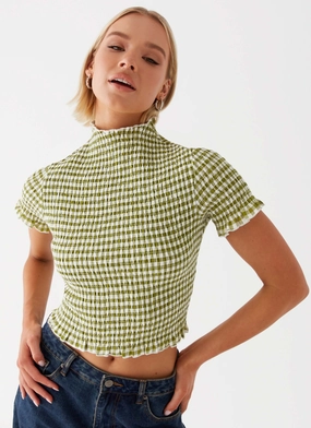 Cleo Tee - Khaki Gingham Travel Comfort Style