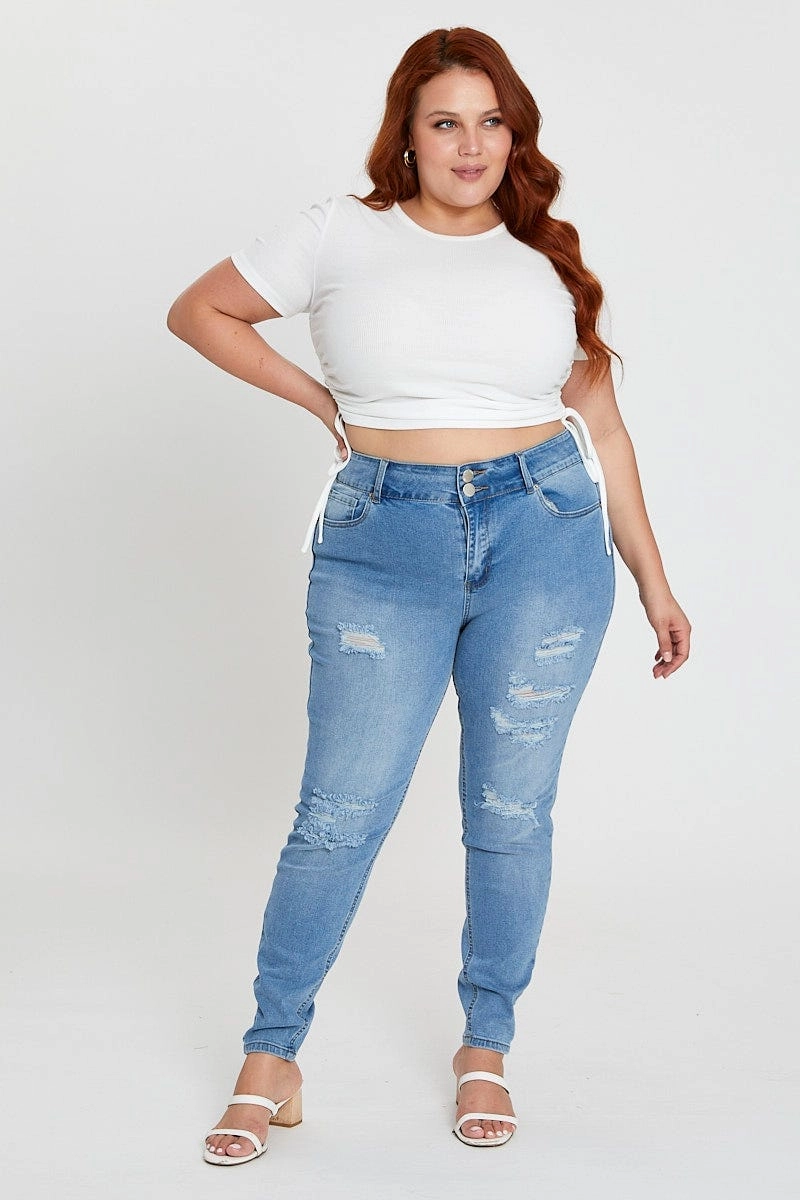 Timeless Look Simple Outfit Steel Blue Denim Jean High Rise Distressed Skinny